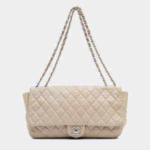 Pre Owned Chanel Beige Lambskin Jumbo Quilted Coco Rain Flap