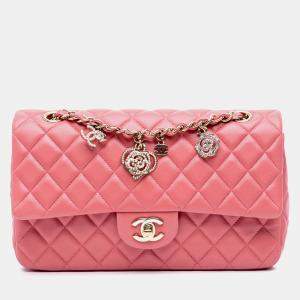 Chanel Pink Lambskin Valentine Heart Charms Single Flap Bag