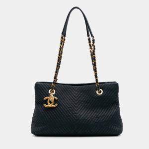 Chanel Navy Blue Medium Chevron Wrinkled Calfskin Medallion Charm Tote