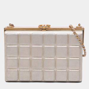 Pre Owned Chanel Gold Chocolate Bar Metallic Lambskin Frame Clutch with Chain
