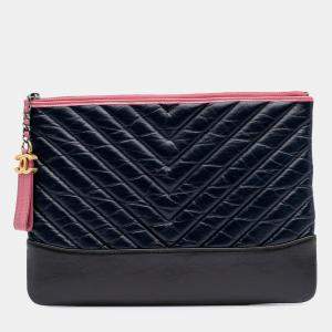 Chanel Black/Blue Calfskin Medium Chevron Aged Gabrielle Cosmetic Clutch