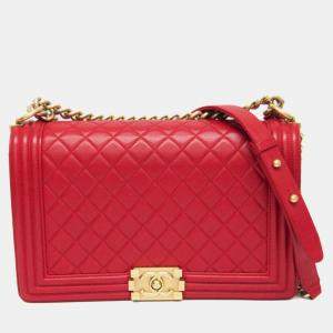 Pre Owned Chanel Boy Red Leather Chain Shoulder Bag