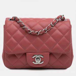 Pre Owned Chanel Pink Lambskin Mini Square Classic Single Flap