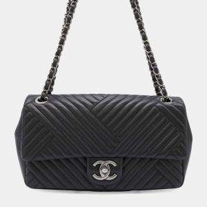 Chanel Black Lambskin Chevron Single Flap Chain Shoulder Bag