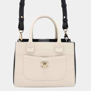 Chanel Beige Black Grained Calfskin Small Bi-Color Neo Executive Shopper Tote Bag