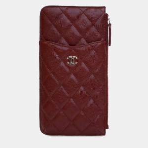 Chanel Red Caviar CC Quilted  Flat Phone Case Wallet Pouch