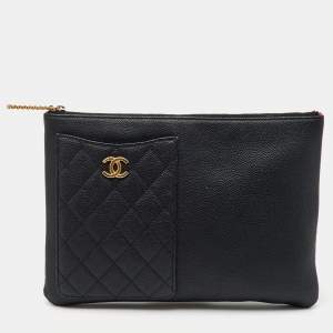 Chanel Black Quilted Caviar Leather Phone Pocket O Case Clutch