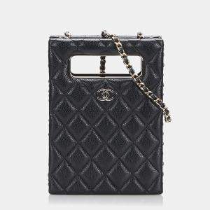 Pre Owned Chanel Black Mini Caviar Chain Around Cut Out Evening Bag