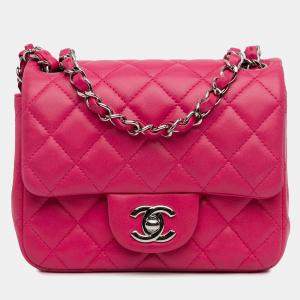Pre Owned Chanel Pink Mini Square Classic Lambskin Single Flap
