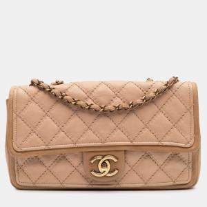 Chanel Beige/Brown Medium Bicolor Calfskin Graphic Flap