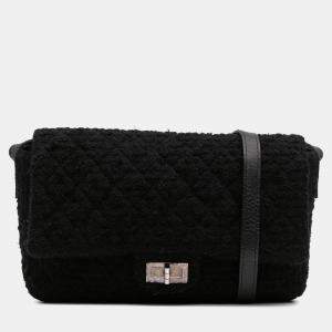 Pre Owned Chanel Black Quilted Tweed Reissue 2.55 Easy Jumbo  Messenger Bag