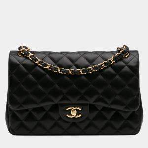 Chanel Black Classic Lambskin Jumbo Double Flap Bag