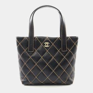 Chanel Black Leather Wild Stitch Tote Hand Bag 