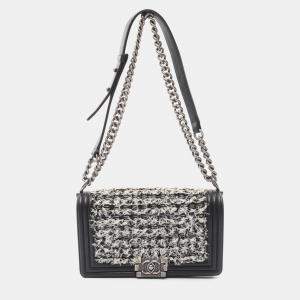 Pre Owned Chanel Black/White Leather Fabric Boy Chanel Chain Shoulder Bag 