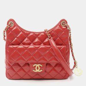 Chanel Red Patent Leather Hobo Chain Shoulder Bag 