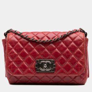 Pre Owned Chanel Red Calfskin  Quilted Glazed Soft Boy Flap Bag