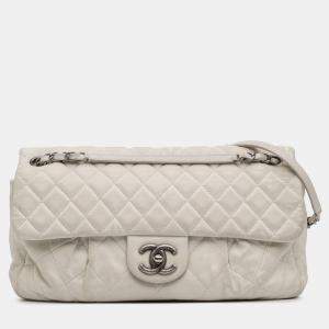Pre Owned Chanel White Iridescent Calfskin Chic Quilt Large Flap Bag