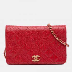 Chanel Red Caviar CC Mixed Quilt Wallet On Chain