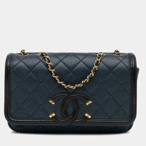 Chanel Blue Small Bicolor Caviar CC Filigree Flap
