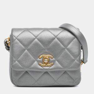 Chanel Silver Mini Quilted Lambskin Side Note Flap