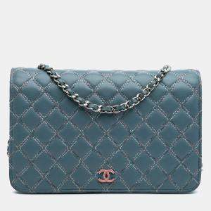 Chanel Blue Quilted Lambskin Double Stitch Wallet On Chain