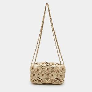 Pre Owned Chanel Gold Leather Mini Classic Camellia Flap Bag