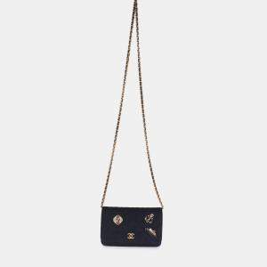 Chanel Navy Blue Quilted Felt Paris-Hamburg Charms Wallet On Chain