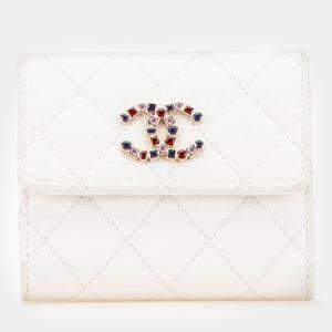 Chanel White CC Quilted Caviar Crystal Trifold Wallet