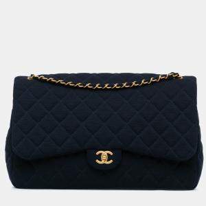 Chanel Navy Blue Cotton Classic Jersey Single Flap Bag XL  