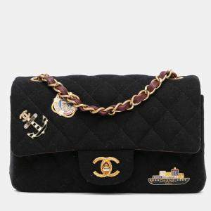 Chanel Black Wool Rectangular Felt Paris-Hamburg Charms Mini Flap Bag