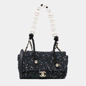 Pre Owned Chanel Navy Blue Medium Tweed Pearl Handle Flap