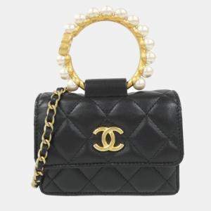 Chanel Black Lambskin Leather Pearl Crown Clutch On Chain