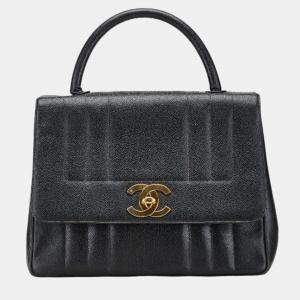 Pre Owned Chanel Black Leather Vertical Quilt Top Handle Bag