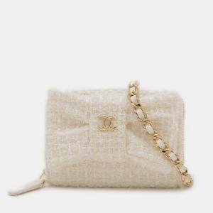 Chanel White Tweed Ribbon Mini Chain Wallet Coin Case 