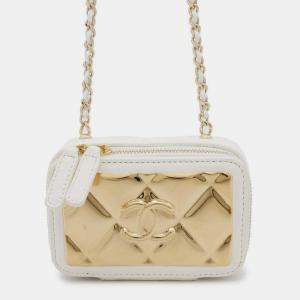 Chanel White Lambskin Quilted Mini Golden Plate Clutch With Chain 