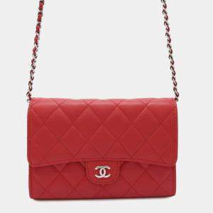 Chanel Red Lambskin Quilted Wallet On Chain 