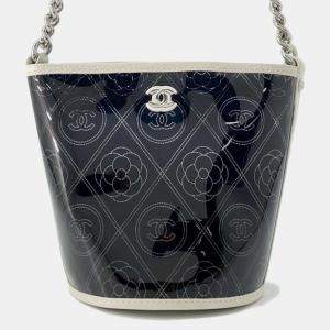 Chanel Black/White Camellia Bucket Vinyl Chain Shoulder Bag 