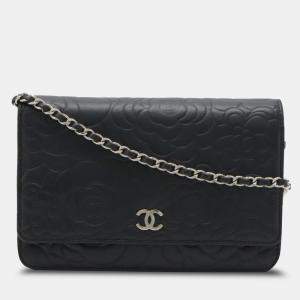 Chanel Black Lambskin Leather Camellia Shoulder Bag  