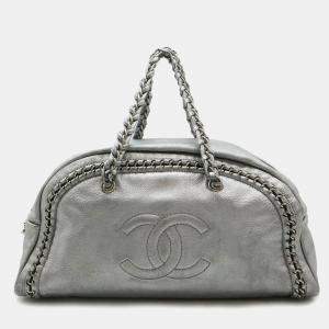 Chanel Silver Metallic Leather Luxe Ligne Medium Bowler Bag