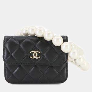 Chanel Black Leather Faux Pearl Matelasse Chain Wallet