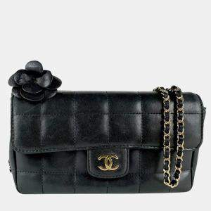Pre Owned Chanel Black Lambskin Quilted Mini Chocolate Bar Camellia Flap Bag