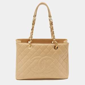 Chanel Cream Quilted Caviar Leather Grand Shopper Tote