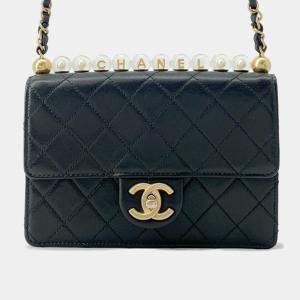 Pre Owned  Chanel Black Lambskin Pearl Chain Shoulder Bag 