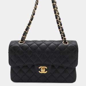 Pre Owned Chanel Black Caviar Leather Matelasse Double Flap Chain shoulder Bag 