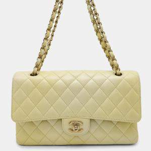 Pre Owned Chanel Matelasse Double Flap Chain shoulder Bag Metalic yellow Calf Leather Size 25