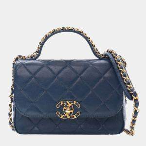 Chanel Navy Blue Small Quilted Calfskin Chain Infinity Top Handle Flap