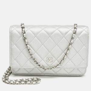 Chanel Silver Quilted Leather CC Wallet On Chain