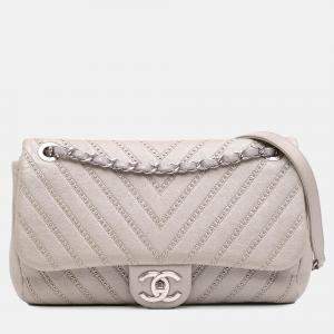 Chanel Silver Medium Chevron Calfskin Stud Wars Flap Bag