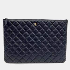 Pre Owned Chanel Black Leather Caviar Clutch Large