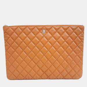 Chanel Orange Leather Caviar Large Clutch